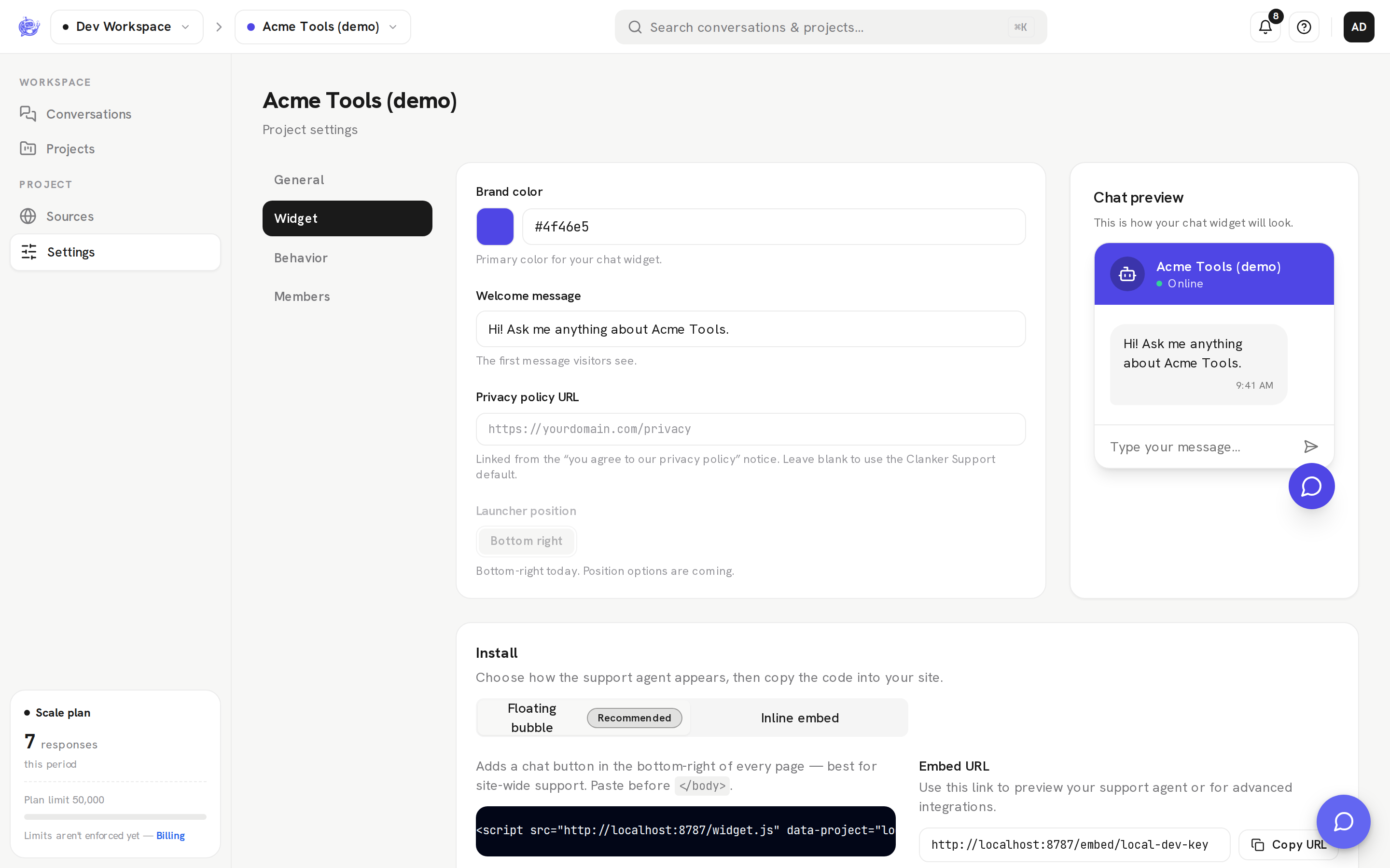 Install snippet on the Widget tab