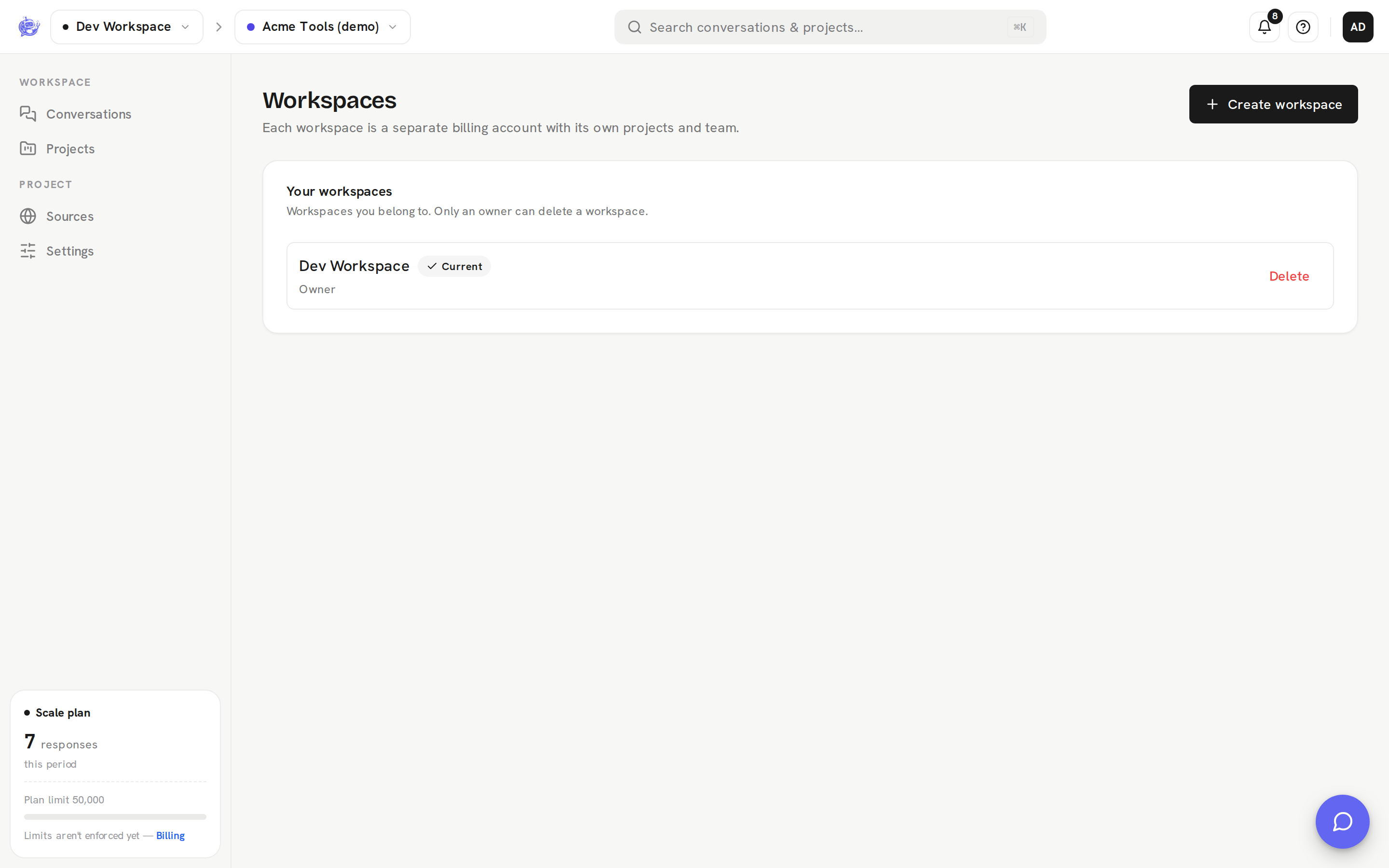 Workspaces settings